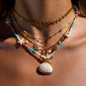 Stainless Steel Seed Bead Shell Pendant Necklace With Starfish Orange Blue Beads Resort Style - Product Image 2