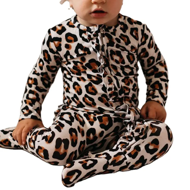 Leopard Baby Stram pler Einteiliger Reiß verschluss Jumps uit Bio Bambus Fußloser Stram pler Leopard Baby Schlafanzug Bambus Rüschen Stram pler