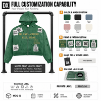 Sweat-shirts à capuche entièrement zippés personnalisés vert forêt, effet vieilli, avec patchs déchirés et appliqués, 380 g/m², pour marques, fabricants OEM ODM