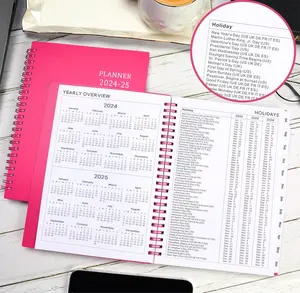 Planejador de agenda acadêmica personalizada vermelho rosa semanal e mensal com abas para planejamento fácil durante todo o ano