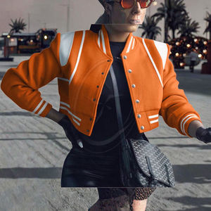 Veste bomber universitaire bleu ciel pour femme, en laine matelassée, boutonnée, avec poignets et col rayés, streetwear décontracté - Product Image 2