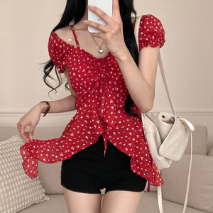 Z-1293 Blouse moulante à pois rouges avec ourlet asymétrique – T-shirt doux et confortable pour femme, idéal pour la vie étudiante et les trajets quotidiens - Product Image 2