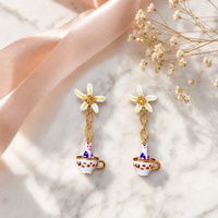 Anting Keramik Tiga Dimensi Lapis Enamel Kelinci Kecil Rantai Bunga Putih Model Panjang Model Wanita Lucu