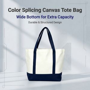 Custom Logo Color Block Fabric Tote <b>Bag</b> Bottom Splicing Flat Side Shopper <b>for</b> <b>Women</b> Travel Retail Shopping and Brand Promotion - Product Image 2