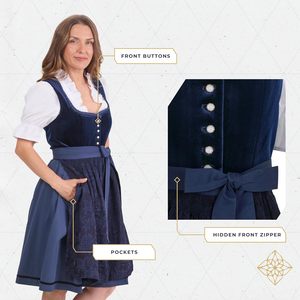 ชุดเดรส Dirndl แบบบาวาเรียนสำหรับผู้หญิง ชุดเยอรมันแบบดั้งเดิมสำหรับเทศกาลอ็อกโทเบอร์เฟสต์ ชุด 3 ชิ้น เสื้อกำมะหยี่ คอระบาย แขนสั้น - Product Image 6