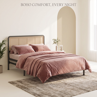 Base de Cama Moderna con Plataforma Metálica y Cabecera de Ratán, Sin Necesidad de Somier, Varios Tamaños, Muebles para Dormitorio