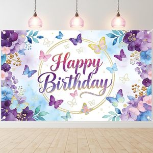 Décor de fond d'anniversaire papillon pour fille et femme, décorations papillon violettes joyeuses anniversaire, bannière d'anniversaire parfaite à l'<span class=keywords><strong>aquarelle</strong></span> florale - Product Image 2