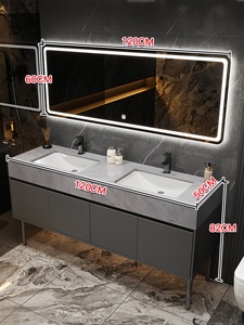 Ensemble de meubles de salle de bain modernes à double vasque pour toilettes publiques, meuble-lavabo mural en marbre, résistant à l'eau, facile à nettoyer, style ferme - Product Image 5