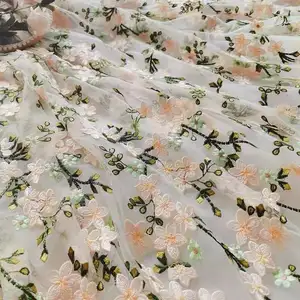 Wholesale 3D Flower Lace Fabric In China 3D Tulle Embroidery Flower Light Pink Lace Fabric