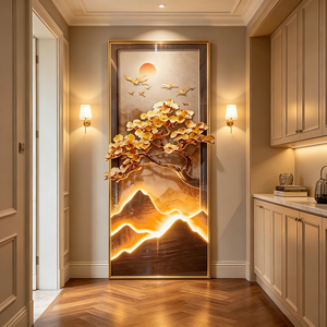 Wholesale Custom <b>Framed</b> LED Light Crystal Porcelain <b>Wall</b> Art Golden Ginkgo Tree Mountain Sunset Landscape Entryway Home Decor - Product Image 3