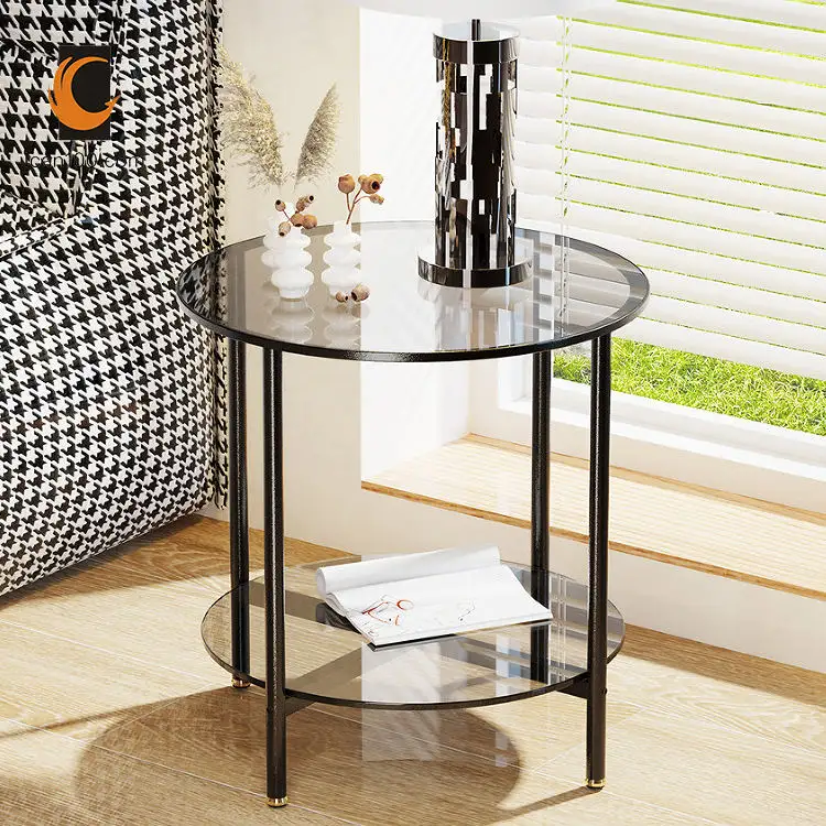 High Quality Round Coffee Tea End Table Metal And Glass Side Table Modern Luxury Black Console Table