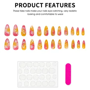 24 <span class=keywords><strong>faux</strong></span> ongles tendance Y2K pour femmes, en amande, <span class=keywords><strong>dégradé</strong></span> or/rose, à presser, imprimé fleur blanche, charme printemps-été - Product Image 4