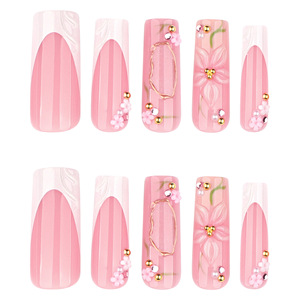 <span class=keywords><strong>Faux</strong></span> <span class=keywords><strong>ongles</strong></span> longs carrés à presser, roses avec pointe française blanche <span class=keywords><strong>et</strong></span> fleur 3D, perles dorées, pour femmes - Product Image 4
