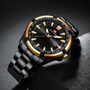 Montre d'affaires minimaliste pour hommes, bracelet en acier noir avec accent or rose, montre-bracelet pour messieurs - Product Image 1