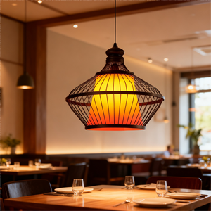 Suspension moderne en bambou de Chine avec lampe ronde en rotin fait main pour lustre d'hôtel de ferme - Product Image 1