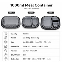 Conteneur alimentaire jetable en PP à 3 compartiments de 1000 ml avec couvercle transparent en PET, compatible micro-ondes, boîte à lunch à emporter