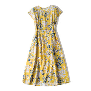 Temperament V-neck Yellow Floral Printed Mulberry <strong>Wrap</strong> A-line High Quality Women <strong>Silk</strong> Printed <strong>Dresses</strong> - Product Image 5