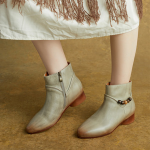 Botines de Piel de Vacuno con Punta Puntiaguda para Mujer, Diseño Nuevo de Otoño Invierno, Botines con Cierre Lateral Estilo Británico, Botas Planas de Tacón Bajo - Product Image 3