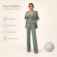 Ensemble de costume trois pièces vert sauge pour femme JINYUAN, blazer à revers pointus, haut corset, pantalon large, vente en gros OEM
