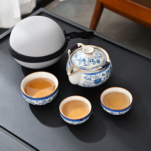 Blue <b>And</b> White Porcelain Travel Tea <b>Set</b> <b>1</b> <b>Teapot</b> 3 <b>Cups</b> Ceramic Portable Outdoor Camping Tea Kit - Product Image 1