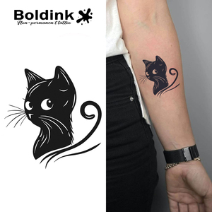 <span class=keywords><strong>Tatouage</strong></span> au jus de Jagua Boldink personnalisé, silhouette de <span class=keywords><strong>chat</strong></span> <span class=keywords><strong>noir</strong></span> réaliste, art corporel, imperméable, longue durée, 2 semaines - Product Image 1