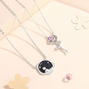 S925 Sterling Silver <b>Couple</b> <b>Necklace</b> Boy and Roses Flower Pendant Clavicle Chain <b>Necklace</b> Jewelry for Valentine's Day - Product Image 4