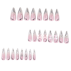 <span class=keywords><strong>Uñas</strong></span> Postizas Largas Stiletto 24 Piezas Y2K Rosa Nude con Punta Plateada, Lazo <span class=keywords><strong>Hello</strong></span> <span class=keywords><strong>Kitty</strong></span>, Estrella, Diamantes de Imitación y Puntos Negros - Product Image 2