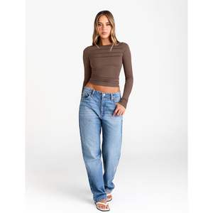 Trendy 2025 Women's <b>Long</b> <b>Sleeve</b> Business Casual <b>Tops</b> Queen Size Fitted <b>Crop</b> Outfits Cute Ruched Boat Neck Queen Size Fitted <b>Crop</b> - Product Image 4