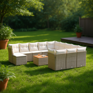 Ensemble de canapés de jardin beige en rotin pour l'extérieur avec coussins en mousse haute densité, design contemporain pour usage en terrasse - Product Image 2