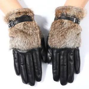 Fashion Genuine Rabbit Fur and Sheepskin Touchscreen Warm Winter Men Leather Gloves