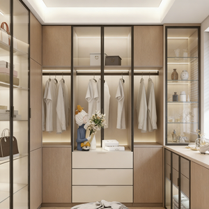 BALOM Armoire ouverte moderne de luxe avec porte en verre, cadre en métal <span class=keywords><strong>noir</strong></span>, armoire en bois beige, design de <span class=keywords><strong>dressing</strong></span> <span class=keywords><strong>ouvert</strong></span> - Product Image 3