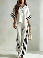 Ensemble décontracté deux pièces pour les vacances : chemise ample à col polo et pantalon large à rayures contrastantes