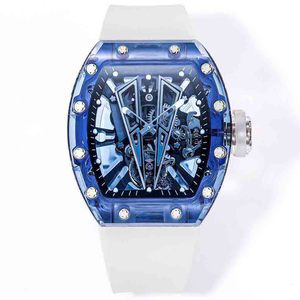 Montre-bracelet mécanique à remontage manuel Tourbillon à vue complète raffinée, cadran ajouré bleu 27-03, boîtier transparent, montre de sport Prestige pour homme - Product Image 1