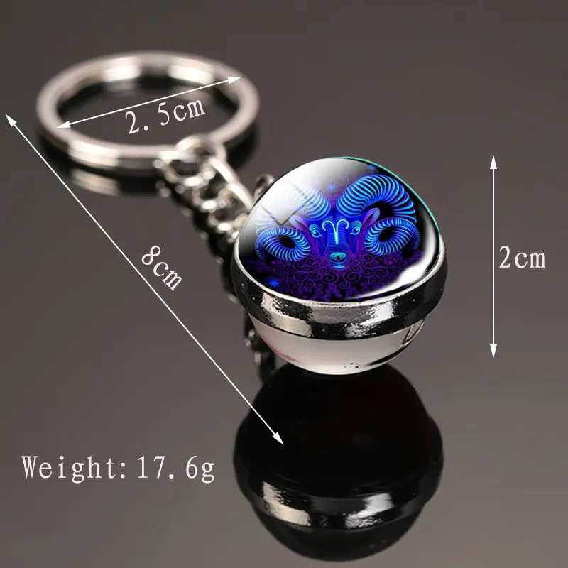 Porte-clés en métal avec pendentif en boule de cristal lumineux, bijoux du zodiaque, vente en gros