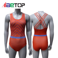 Justaucorps de gymnastique vintage américain pour lycéennes, rouge, bleu, orange, à chevrons, avec strass, dos croisé, sans manches