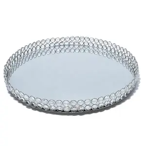 Espelho metálico de forma circular, espelho de metal brilhante, acabado, bandeja para servir alimentos com borda frisada de cristal para venda