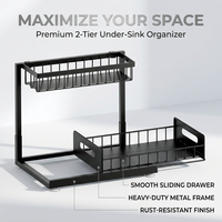 Organisateur de rangement de cuisine en métal réglable et extensible, avec tiroir coulissant transparent pour évier, type autoportant, pliable, pour épices