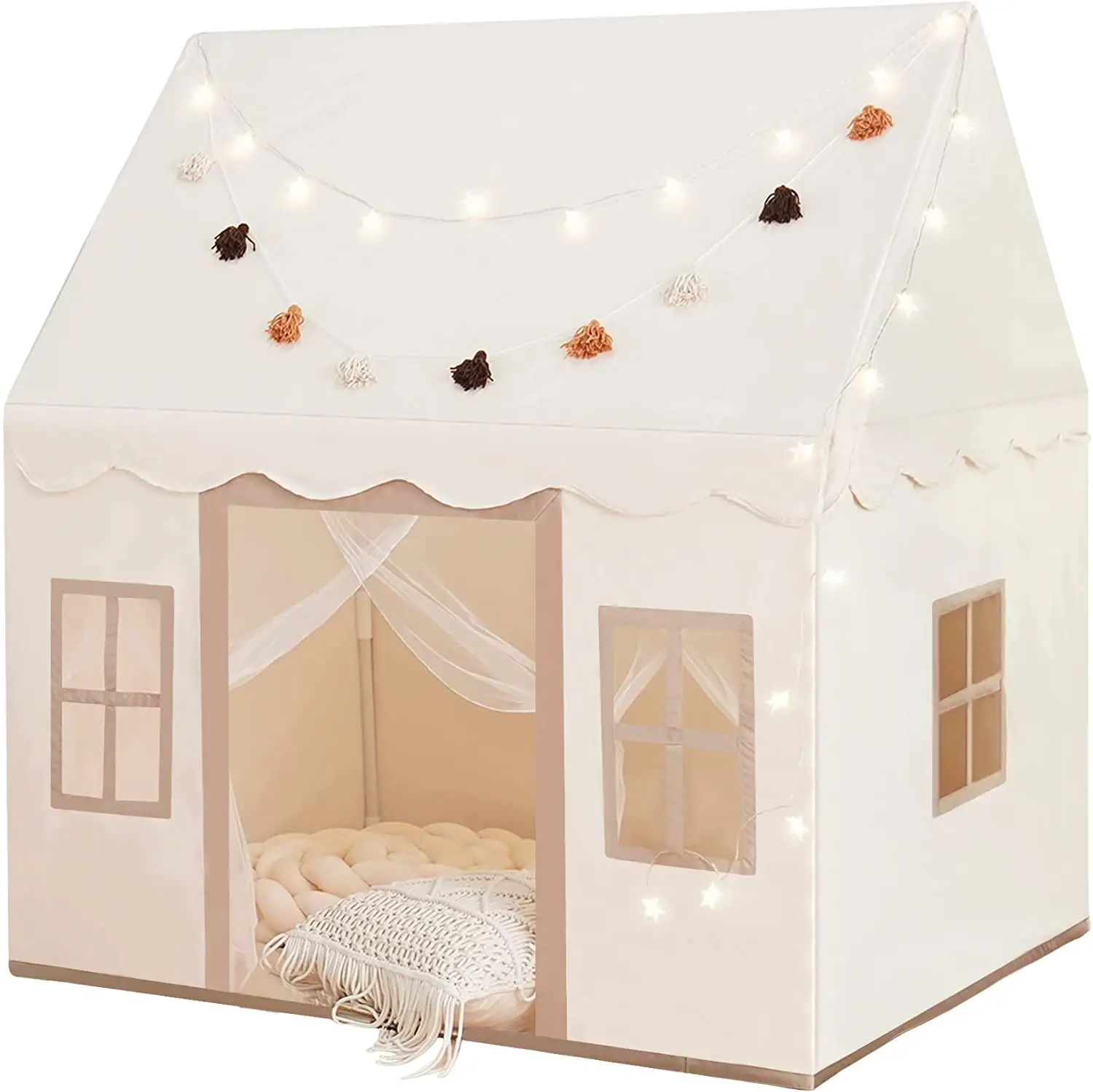 Tente de jeu de couleur neutre avec tapis, grande maison de jeux pour enfants à lumière d'étoile avec fenêtres facile à laver
