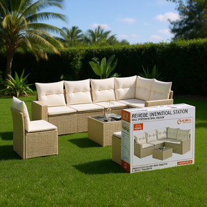 Ensemble de canapés de jardin Reyhebe en polyrotin beige, modulaire, 6 places, design contemporain, structure en osier - Product Image 2