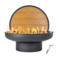 Brasero d'extérieur rond en fer noir mat avec grille cylindrique sur piédestal et panneau arrière en bois