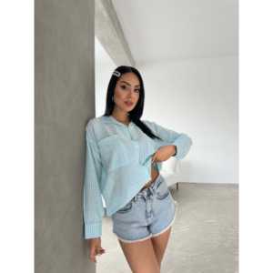 Simple Striped Button Down Shirt Women Casual Poplin Blouse Everyday Wear Light Blue <b>White</b> Stripe <b>Long</b> Sleeve <b>Top</b> - Product Image 3