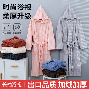 Bata de Baño de Forro Polar Coral para Mujer con Capucha, Suave, Absorbente, No Desprende Pelusas, Extra Grande, Gruesa, con Rayas de Caramelo, para Otoño e Invierno - Product Image 5