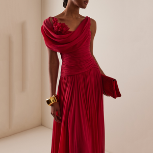 Robe de soirée rouge asymétrique sur mesure, élégante, plissée et drapée, sexy, pour <span class=keywords><strong>femme</strong></span>, vente en gros - Product Image 3