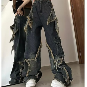 2025 nouveau <span class=keywords><strong>jean</strong></span> <span class=keywords><strong>femme</strong></span> Y2K Vintage obsolète jambe large | Pantalon de travail Streetwear Extreme Wear Patch, Denim noir délavé rétro - Product Image 4