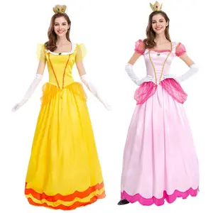 Halloween Costume For Women Super Mario Brothers Princess Peach Cosplay Dress Gloves Crown Sweet Pink Suit