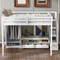 Kinder-Hochbett mit Treppe und Stauraum, Multifunktionales Hochbett mit Kleiderschrank, Bücherregal und Schubladen, Platzsparend