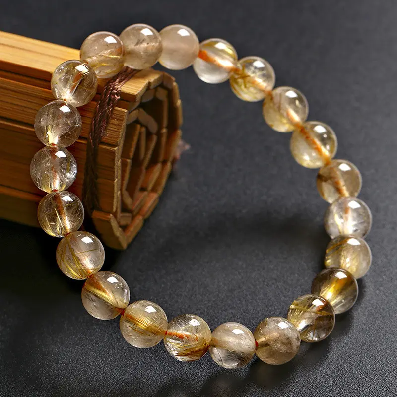 8mm Citrine Natural Gold Hair Crystal Quartz Beads Healing Bracelet Natural Yellow Rutilated Quartz Crystal Elastic Bracelet