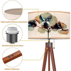 Lampe sur pied moderne Abat-jour en lin personnalisé Lampadaire trépied en bois à intensité variable Décor Hortensia sec pressé Stock disponible - Product Image 4