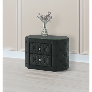 Oval Nightstand Plush Tufted Upholstery 8mm Tempered Glass Top Two <b>Storage</b> <b>Drawers</b> Sparkling Knobs - Product Image 1