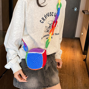 Borsa a tracolla piccola da <span class=keywords><strong>donna</strong></span> in poliestere lavorata all'uncinetto stile Dopamine, nuova moda, graziosa, arcobaleno, senza fodera, con chiusura a scatto - Product Image 1